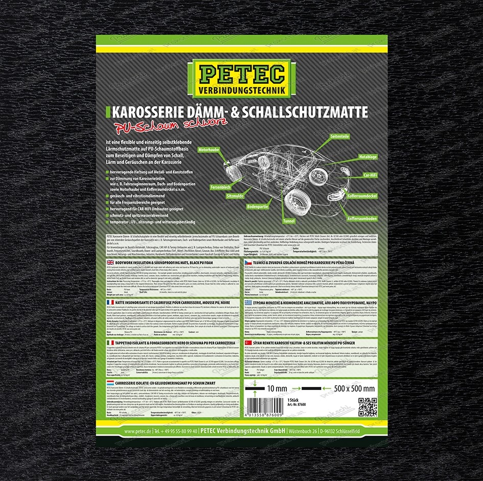 Karosserie-Dämm- & Schallschutzmatte - PU-Schaum,  schwarz - 500 x 500 x 10 mm Matte