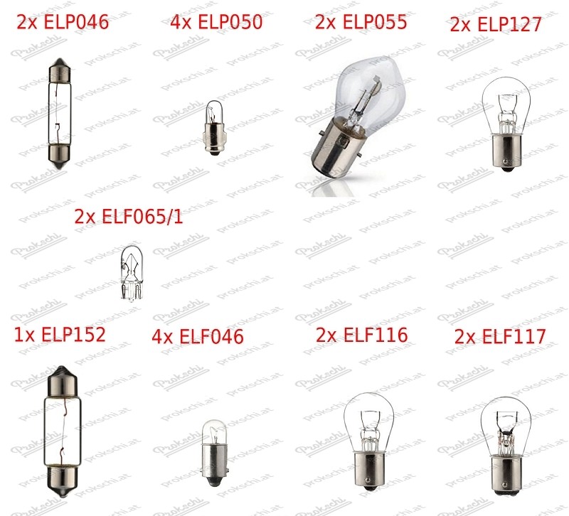 Set di lampadine per Puch 700 C/E con frecce laterali piatte e fari senza base bilux